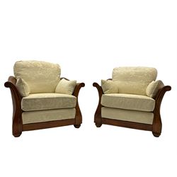Multi-York - Hardwood framed bergère lounge suite, three seat sofa (W204cm), and pair matching armchairs (W90cm), upholstered in cream floral pattern fabric 