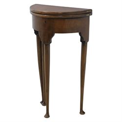 Small proportioned 19th century demi-lune drinks table, foldover top with gate action, raise on tapering cabriole legs