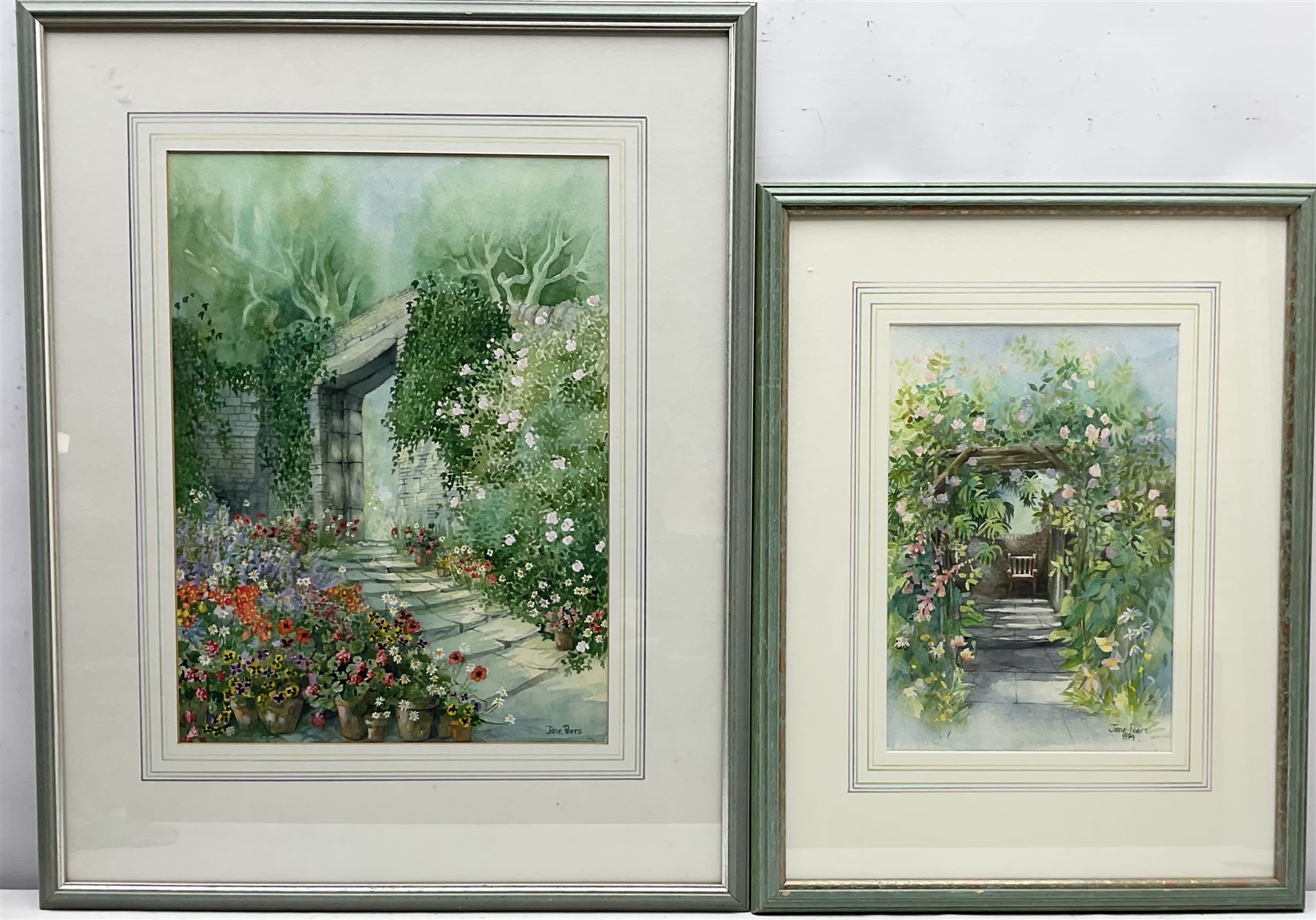 Jane Peers (Northern British contemporary): 'Stanhope Old Hall - Garden Entrance' and Garden Archway, two watercolours signed, latter dated 1994 max 42cm x 31cm (2)