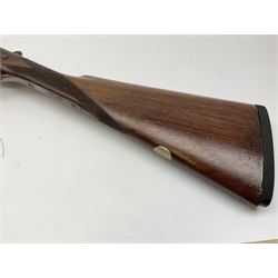 Harrods Ltd. Brompton Road London (Retailer) 12-bore side-by-side boxlock non-ejector sporting gun, 75cm barrels, walnut stock with chequered grip and fore-end and thumb safety, serial no.015, L118.5cm overall SHOTGUN CERTIFICATE REQUIRED