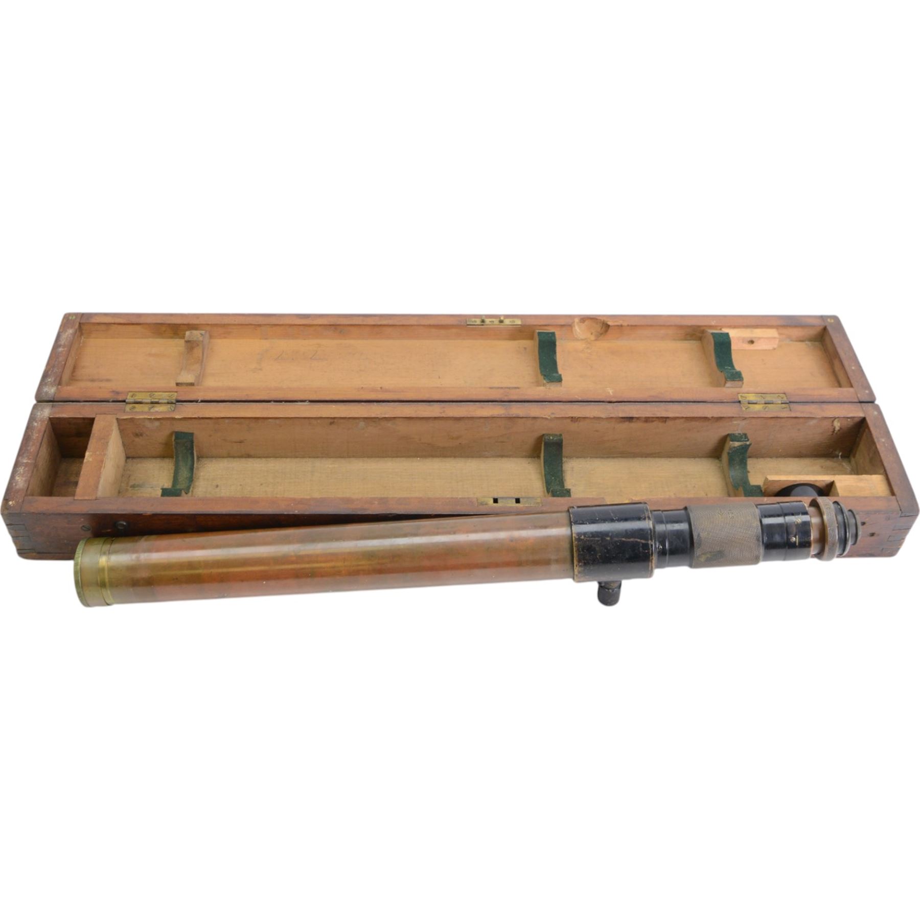Ross of London  gun scope no 57680, in wooden case marked 'Gun Sight Handle with Great Care', L88cm