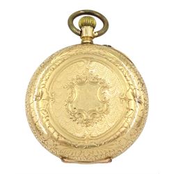 Swiss 14ct gold ladies keyless lever pocket watch, gilt dial with Roman numerals, stamped K14 with Squirrel hallmark