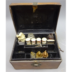  Victorian travelling Apothecary case, fitted interior with nine labelled bottles for Duncan Flockhart & Company, Edinburgh and others in tooled leather case with lock and key and a glass measure, W19cm, H13cm, D13   