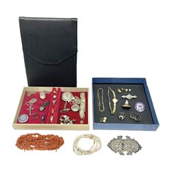 9ct gold ladies Rotary manual wind wristwatch, on 9ct gold strap, together with other 9ct gold jewellery, including a coral cluster ring, pair of pearl flower stud earrings, single stone set stud, chain and pearls with gold clasp, together with a  silver-gilt ring, silver buckle and silver necklaces and a collection of costume jewellery, etc 