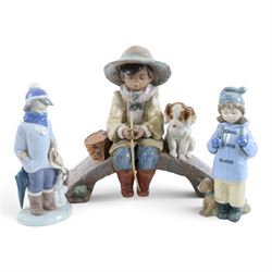 Lladro gres figure Boy on Bridge no.2237, together with Winter Boy no 5220 and a Nao figure