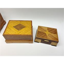 Four modern veneered boxes, with harlequin inlay including mahogany and walnut, largest H23cm.