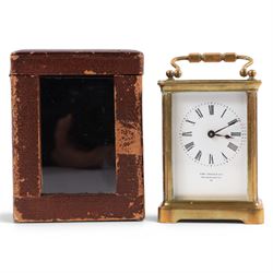 Richard & Co of Paris brass carriage clock with Roman dial, in original leather travel case, H13cm