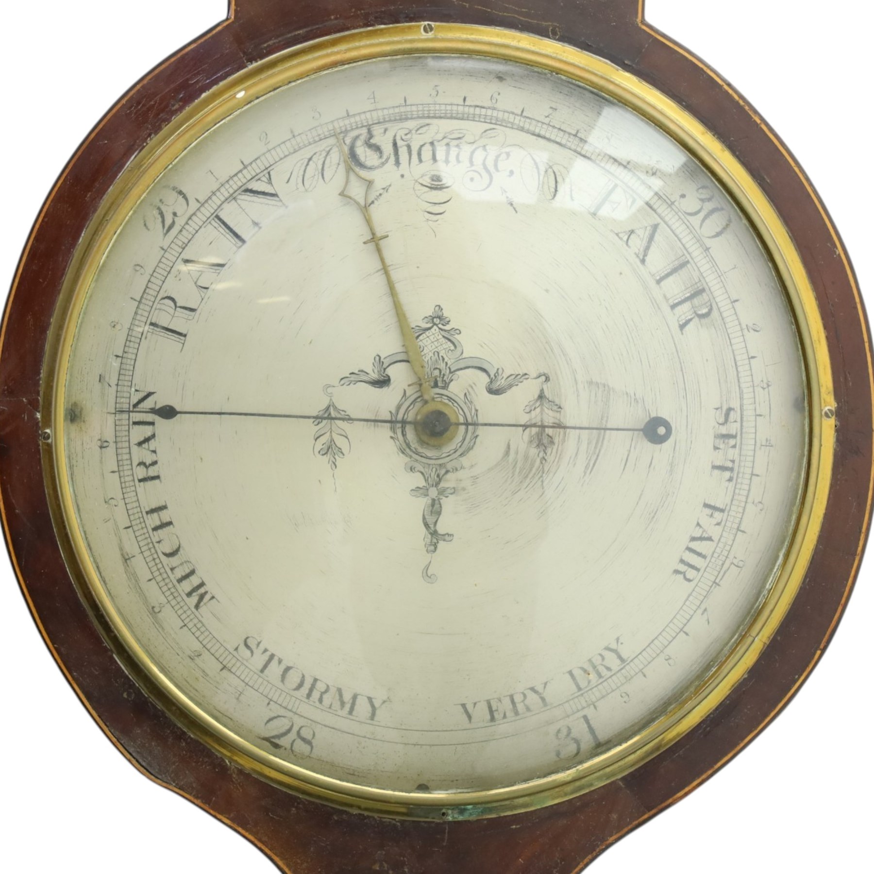 Three mahogany wheel barometers, each with silvered dial, thermometer and hygrometer, two with inlaid decoration, one with architectural pediment and one with swan-neck pediment 