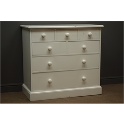  Painted pine chest with three small and three long drawers, plinth base, W103cm, H95cm, D52cm  
