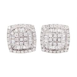 Pair of white gold round brilliant cut and tapered baguette cut diamond cluster, screw back stud earrings, hallmarked 14ct, total diamonds weight approx 1.35 carat