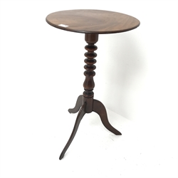 19th century tripod wine table, circular figured mahogany top on unusual fruitwood column, three splayed supports, D43cm, H72cm  