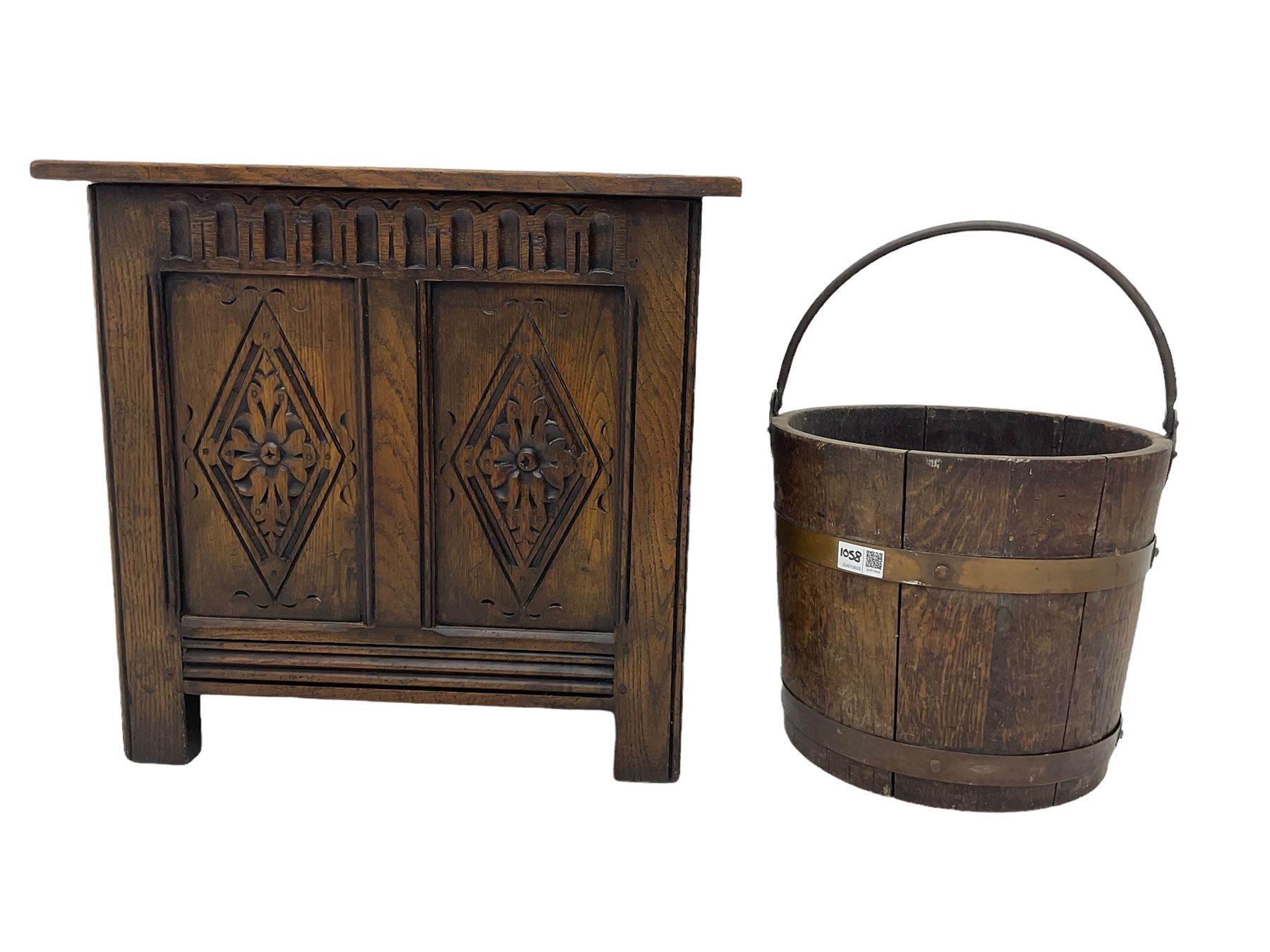 Tudor style oak coal type box with hinged top, with tin liner; and a coopered bucket (2)