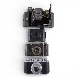 Collection of vintage cameras, including Bakelite Rajar No. 6 and VP Twin, Ferrania Condor I, Foth, Agfa, etc