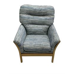 Ash framed four-piece lounge suite, two seat sofa (W183cm, H95cm, D91cm); pair of matching armchairs (W82cm); and matching footstool (55cm x 43cm, H42cm); all with loose cushions upholstered in light blue striped fabric 