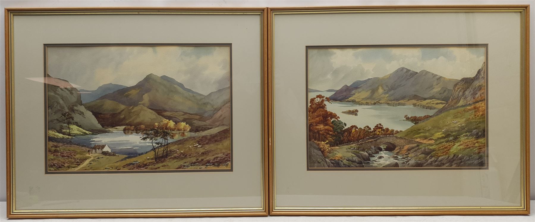 Cecil Thomas Hodgkinson (British 1895-1979): Serene Loch Landscapes, pair watercolours signed 33cm x 48cm; English School (19th/20th century): Waterfalls, pair watercolours unsigned 33cm x 48cm (4)