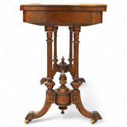 Victorian walnut and inlaid games table, rectangular fold-over top with figured walnut veneers and foliate inlay, swivel and fold over to reveal a green baize lined playing surface, on twin supports united by a stretcher, raised on scroll carved feet with castors (extended 96cm x 92cm)