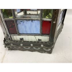 Victorian brass and stained leaded glass hall lantern, of hexagonal form, supported by four domed arms and pierced fret, H46cm W20cm