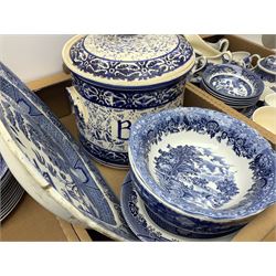Large group of assorted blue and white, mostly Churchill Willow pattern, to include dinner and tea wares, in three boxes 