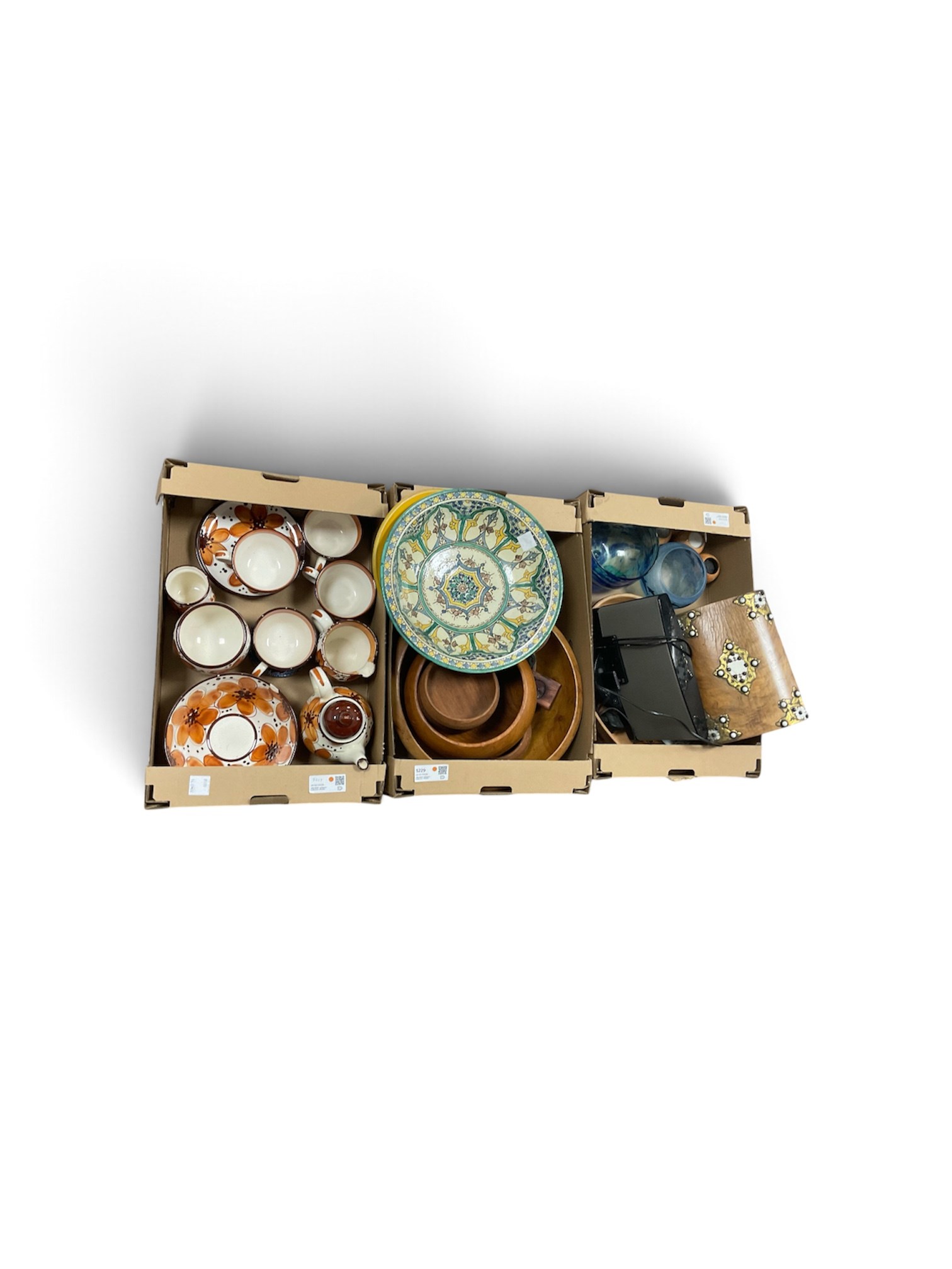 Malcom Sutcliffe studio glass vase together with Schramberg part tea service, wooden bowls and other collectables, in three boxes  