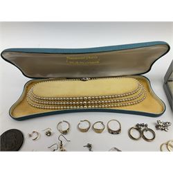 Two gold signet rings and a sapphire, opal and diamond ring, single stone diamond ring, pair of gold stone set earrings and other gold earrings, all 9ct stamped or hallmarked, silver earrings and other costume jewellery