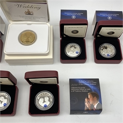 Six Royal Canadian Mint twenty dollar fine silver coins, all 2011 commemorating 'The Wedding Celebration HRH Prince William of Wales & Miss Catherine Middleton' and a Royal Mint 'The Royal Wedding' 2011 gold plated sterling silver five pound coin (7)
