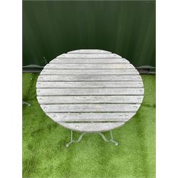 Metal and wood slatted circular garden table and chair - THIS LOT IS TO BE COLLECTED BY APPOINTMENT FROM DUGGLEBY STORAGE, GREAT HILL, EASTFIELD, SCARBOROUGH, YO11 3TX