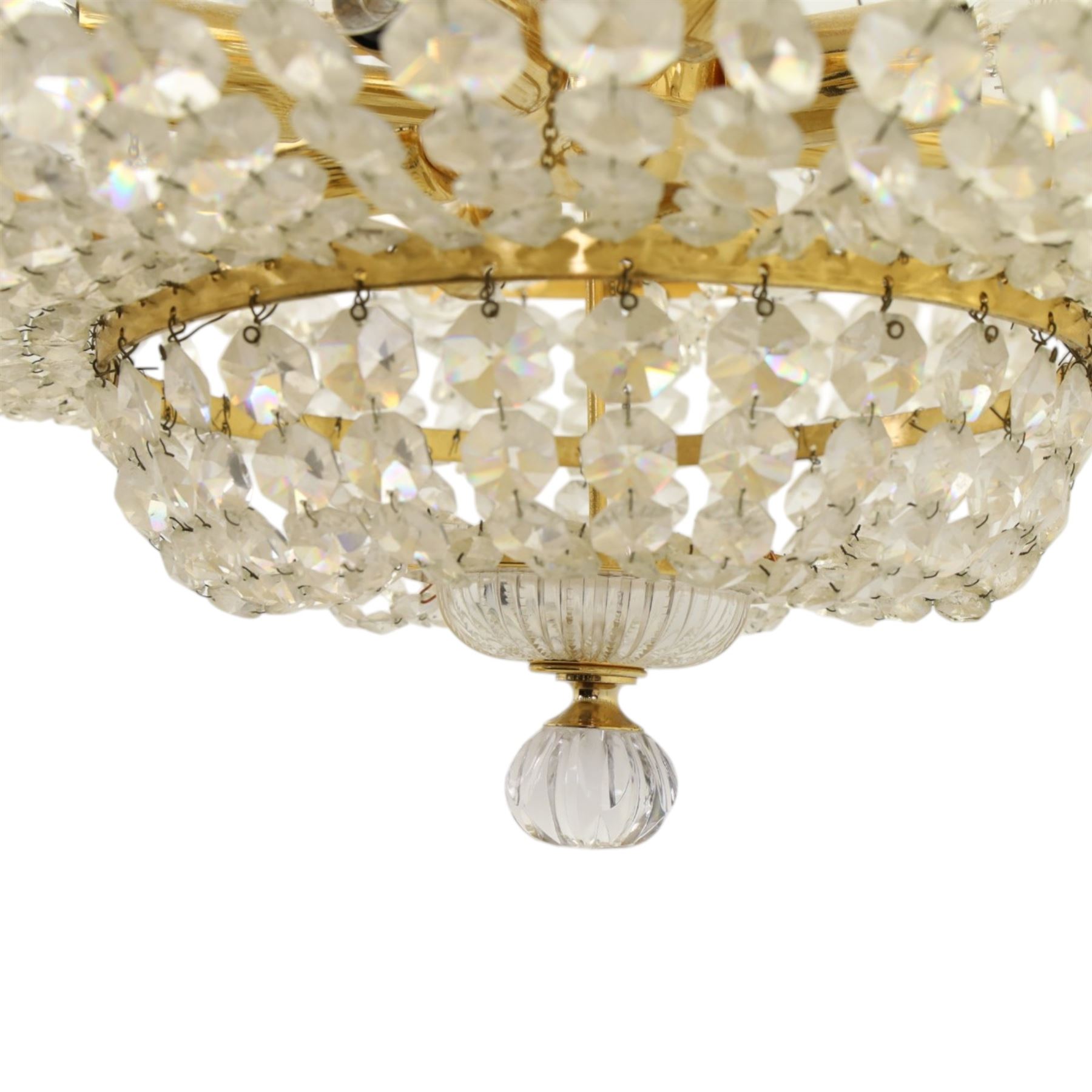 Art Deco style set of two chandeliers, brass and beaded glass, (H 60cm, Di 60cm) (H 75cm, Di 62cm) 