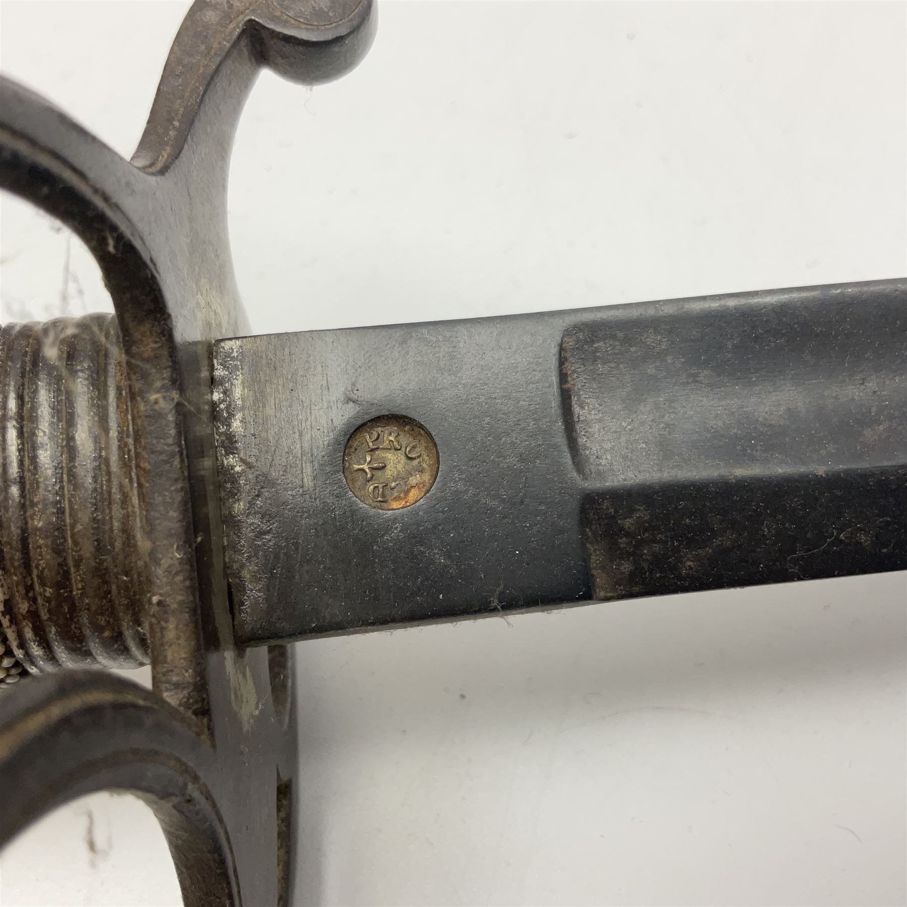 WW1 British Army 1897 Pattern Officers Sword, the 80cm fullered steel blade with traces of decoration and inscribed 'W.E. French 1914'; the basket hilt pierced with the George V cypher and wire-bound fish-skin grip L97cm overall; and WW1 British 1821 pattern Royal Artillery officer's sword with three-bar hilt; both lacking scabbard (2)