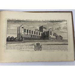 Samuel Buck: Ruins, Abbeys and Castles of Yorkshire. Bound collection of twenty-five engraved views dated 1720 - 1728 including Burstal Abbey Hull, Bolton Abbey, Whitby Abbey, Scarborough Castle, Malton Priory etc and list of subscribers; oblong folio; mottled half leather and suede binding by Etherington, Thorpe & Co., Pudsey