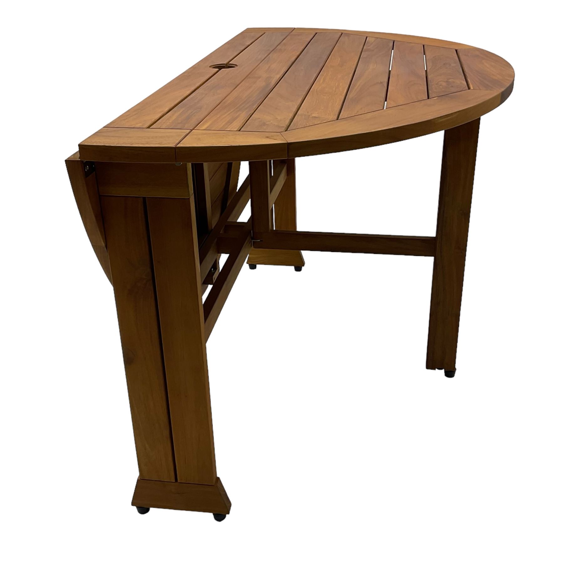 Teak slatted garden table, circular drop-leaf top (D120xm, H76cm); set of four teak slatted garden folding chairs  - THIS LOT IS TO BE COLLECTED BY APPOINTMENT FROM DUGGLEBY STORAGE, GREAT HILL, EASTFIELD, SCARBOROUGH, YO11 3TX