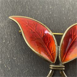 Norwegian silver-gilt red guilloche enamel double leaf brooch, by David Andersen, stamped DA Sterling Norway 925S, H2.6cm