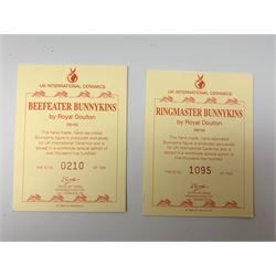 Three limited edition Royal Doulton Bunnykins figures, comprising Ringmaster Bunnykins DB165, 1095/1,500, Beefeater Bunnykins DB163, 210/1,500, both with accompanying certificate, and John Bull Bunnykins DB134. 