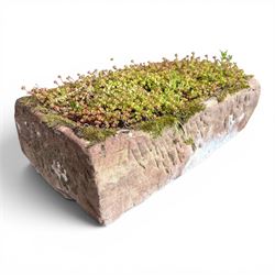 20th century rectangular sandstone trough planter, naturalistic rock form, planted with mo...