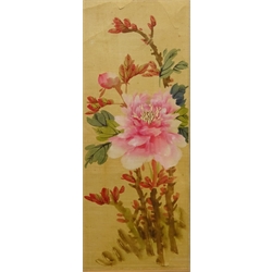  Oriental silk embroidered panel, Painted silk panel depicting flowers, two Oriental hand finished woodblock prints and map of Hong Kong the New Territories max 38cm x 58cm (4)  