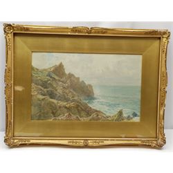 William Edward Croxford (British 1852-1926): Rocky Outcrop, watercolour heightened with white signed 28cm x 45cm; R Allam (British early 20th century): Shipping at Anchor, watercolour signed 20cm x 30cm (2)