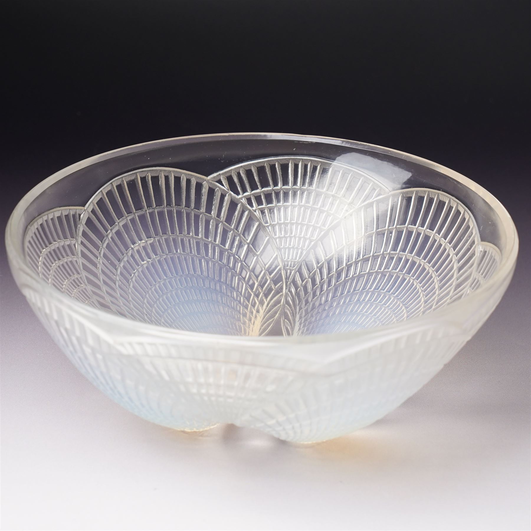 Lalique 'Coquilles' pattern opalescent glass bowl with moulded shells marked R Lalique France D21cm