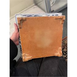 Chinese blue and white planter and stand, each of square slightly tapering and flared form, the planter decorated with two dragons and blossoming peonies, between stylised borders, the stand decorated with flower heads and vines, planter H30cm W29cm, stand H7cm D28.5cm