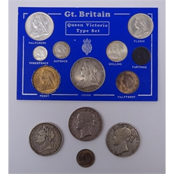  George IV 1821 crown, Queen Victoria 1845 and 1847 crowns and a 'Queen Victoria Type Set' containing various date Veiled Head coins from farthing to crown  