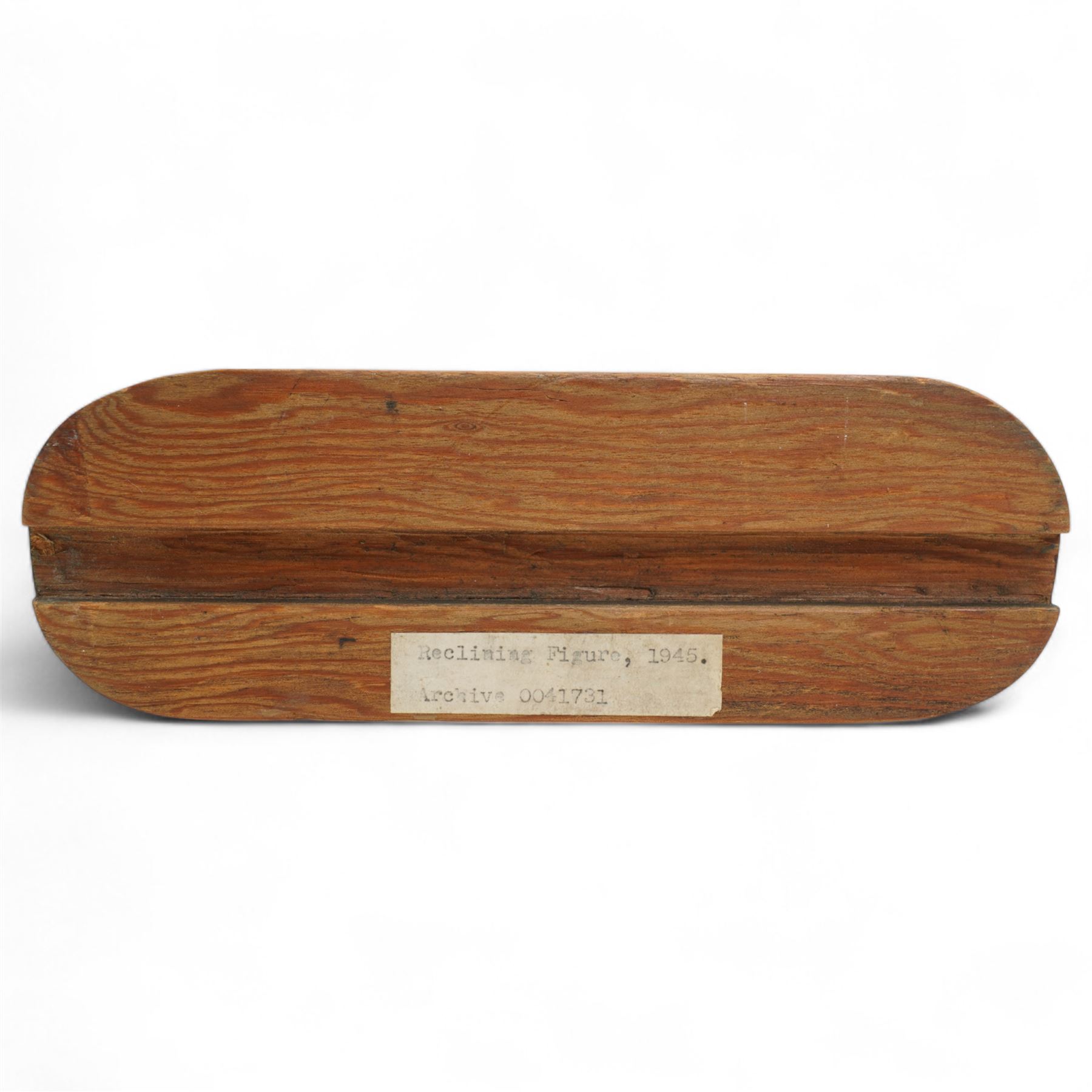 After Henry Moore (British 1898-1986): 'Reclining Figure', terracotta maquette sculpture, base marked with affixed catalogue label inscribed 'Reclining Figure: 1945 Archive 0041731', W21cm H12cm
