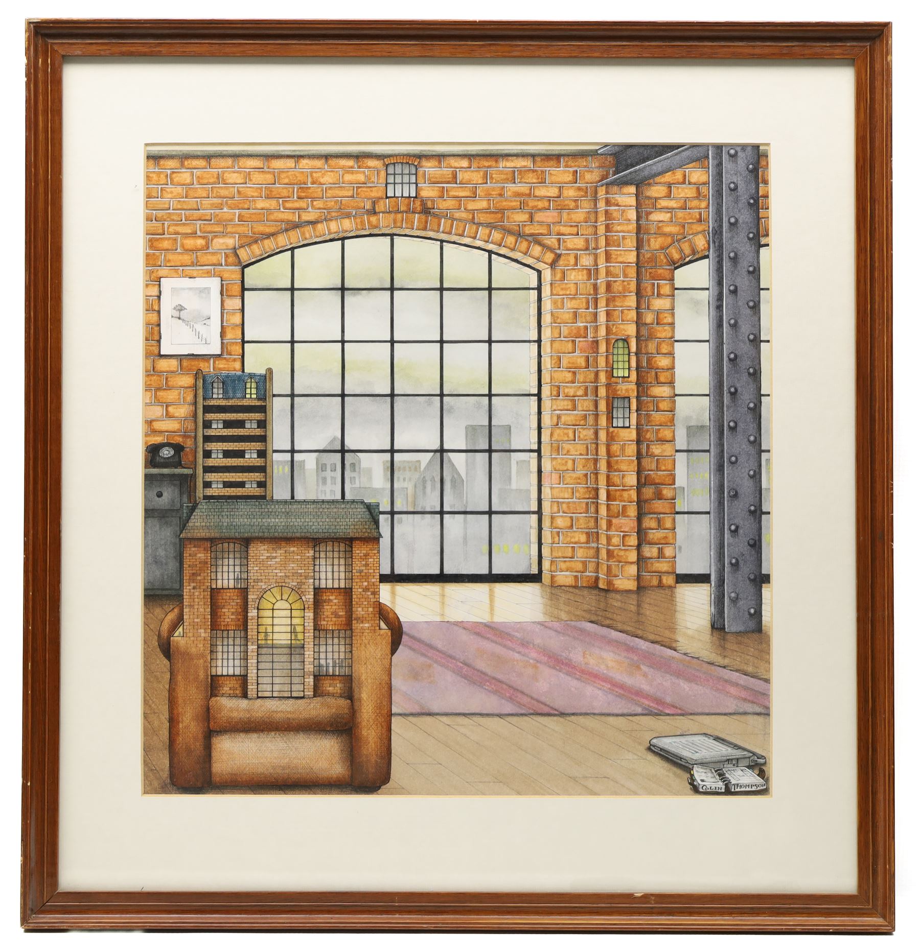 Colin Thompson (British/Australian 1942-): Home by the Window of a City Flat, ink and watercolour heightened with white 39cm x 37cm