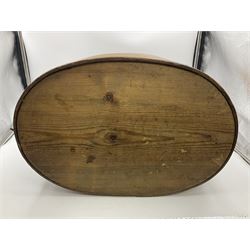 19th century Scandinavian Svepask / Tine box, the pine oval form body with notched posts and conforming lid decorated with Folk Art style pokerwork decoration and single carry handle, L38cm