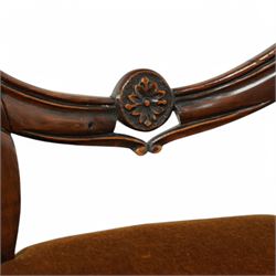 A pair of Victorian walnut balloon back parlours chairs, with carved top rail and back splat with cabriole style legs, Together with a pair Victorian mahogany balloon dining chairs