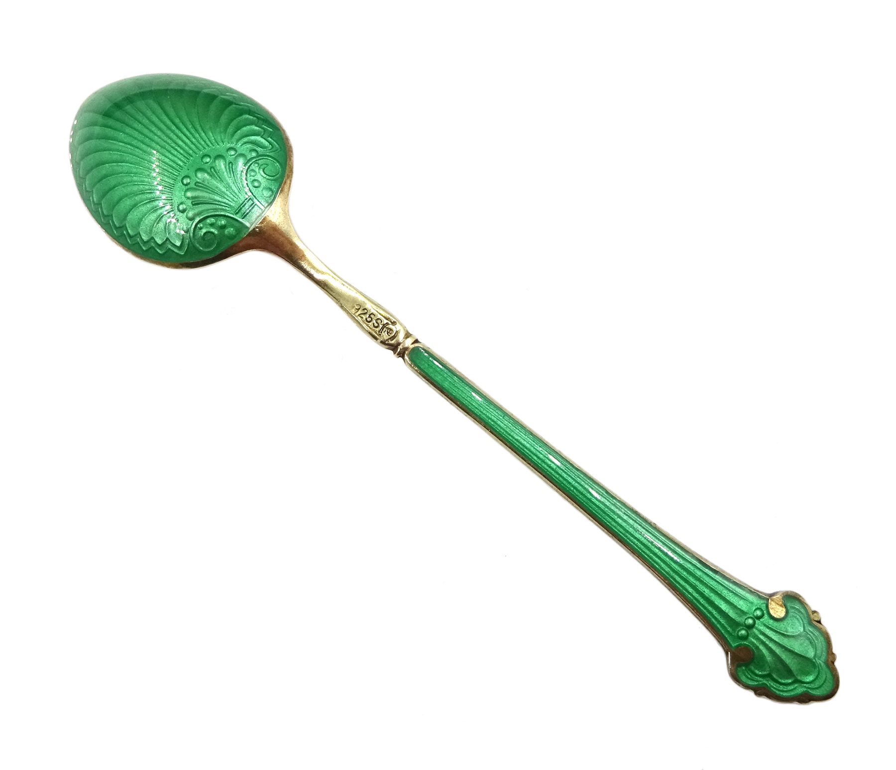 Set of six early 20th century Norwegian silver and guilloche enamel coffee spoons by Nils Erik Elvik, retailed by Sev .Dalbye, Tromso, cased