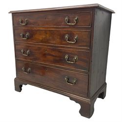 George III mahogany chest, rectangular top with moulded edge, fitted with four graduating cock-beaded drawers, lower moulded edge over bracket feet
