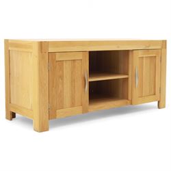 Contemporary solid oak television stand, rectangular top over an open central section with...