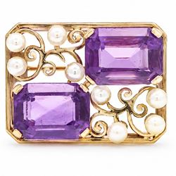 9ct gold amethyst and pearl brooch, pierced design set with two octagonal cut amethysts an...