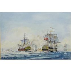  Arthur A Wilson (British 20th century): Men O' War off Cape Vincent', watercolour signed and dated '86, 29cm x 42cm  