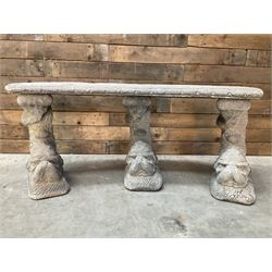 Cast stone four piece curved Dolphin bench, set with three dolphin pillars, curved rectangular slab top with detailed border