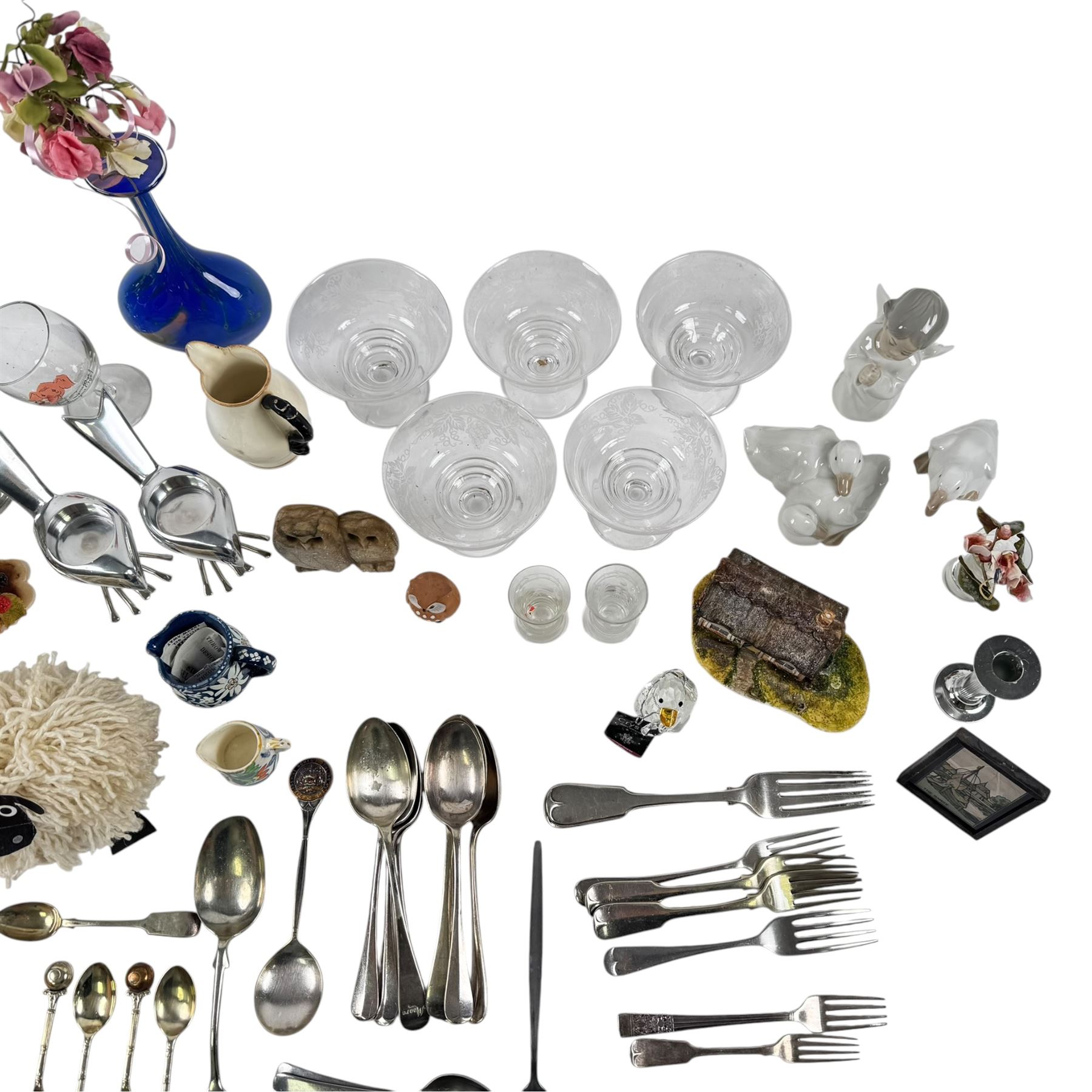 Lladro angel figure, together with a butterfly wing picture, silver plate cutlery etc  
