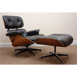  Eames style swivel chair, deep buttoned black upholstered back and seat (W85cm) and a matching stool (2)  